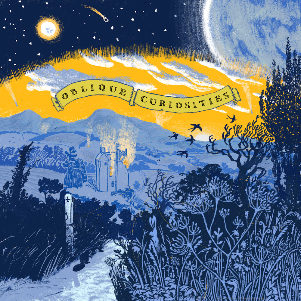 A silk screen of the English countryside with meteors burning through a colonial manor and animals looking on.